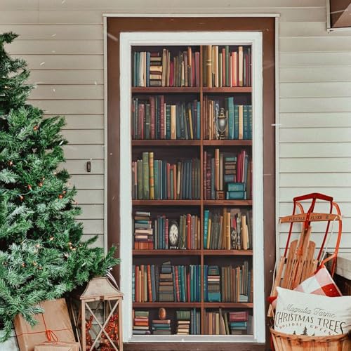 Library Bookshelf Door Cover - Washable Waterproof Holiday Decor - S 32 x 79 Inch