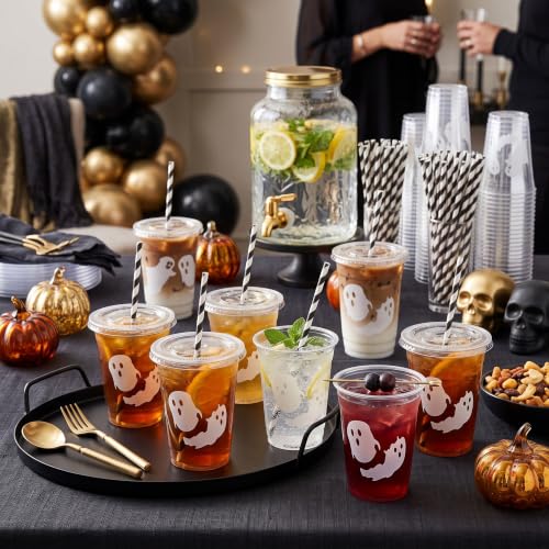 Halloween Ghost Latte Plastic Cups Set - 50 Count 16 oz with Lids & Straws - Black & White / Ghost & White