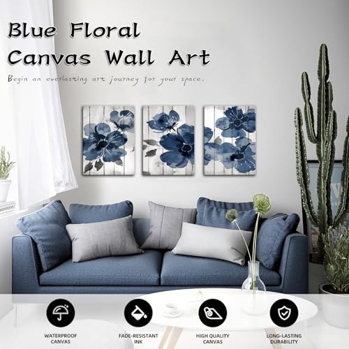 12x16in Navy Blue Wildflower Canvas Wall Art - Boho Floral Poster Set for Living Room & Bedroom