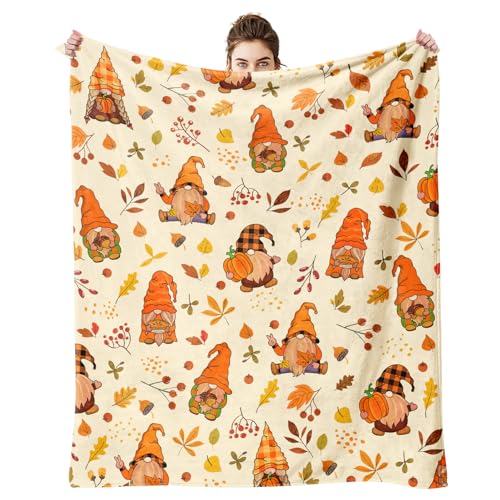 Autumn Fall Blanket Gnome Pumpkin Leaves Cream Cozy Throw 50x60in