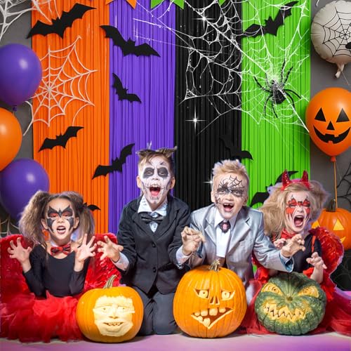 Halloween Foil Fringe Curtain Set - Green & Purple Metallic Tinsel Backdrop for Parties