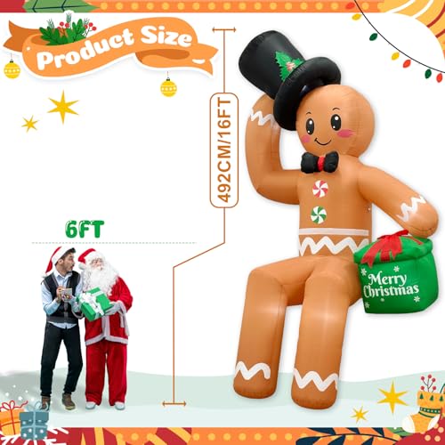 16FT Gingerbread Inflatable Christmas Decor with LED Lights - Sitting Variant