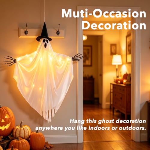 Outdoor Swinging Ghost Halloween Decor with LED Lights, Weather-Resistant Fabric