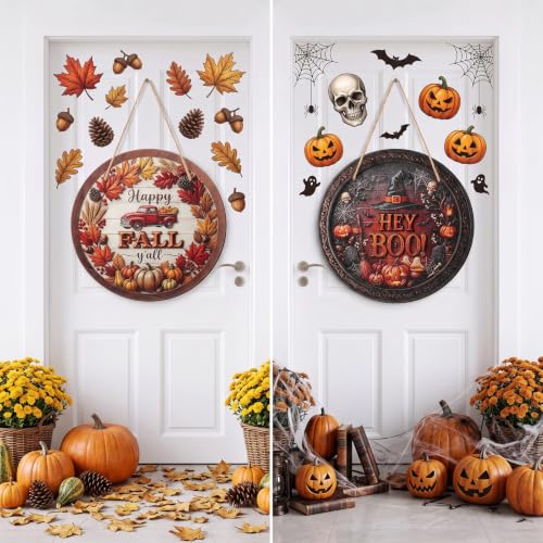 Reversible Fall Halloween Door Sign - Happy Fall & Hey Boo - Halloween & Autumn Decor - Fall Halloween Variation