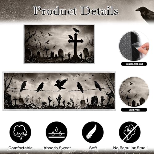 Halloween Gothic Kitchen Rug Set of 2 - Spooky Graveyard Crow & Zombie Decor