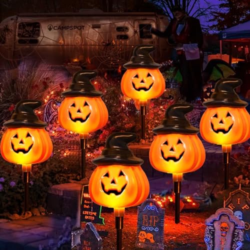 Solar Jack O Lantern Stake String Lights - Halloween Pathway Decor, Outdoor Waterproof Yard Lights