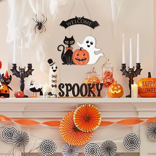 Wooden Halloween Welcome Sign - Indoor & Outdoor Decor with Pumpkin Ghost Black Cat Motifs