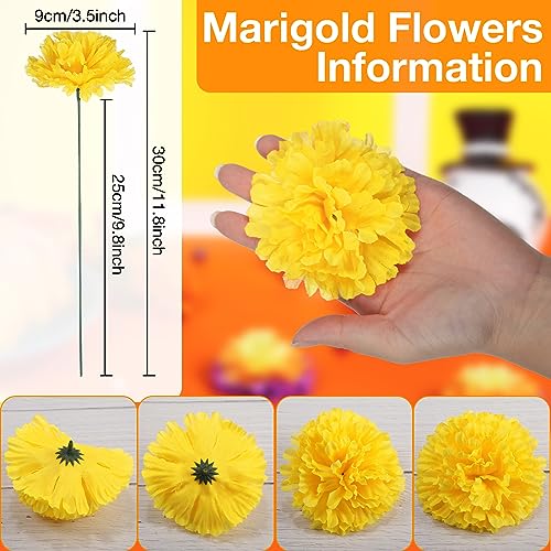 Artificial Marigold Flowers with Stems - 100 Pack Yellow DIY Festive Decorations