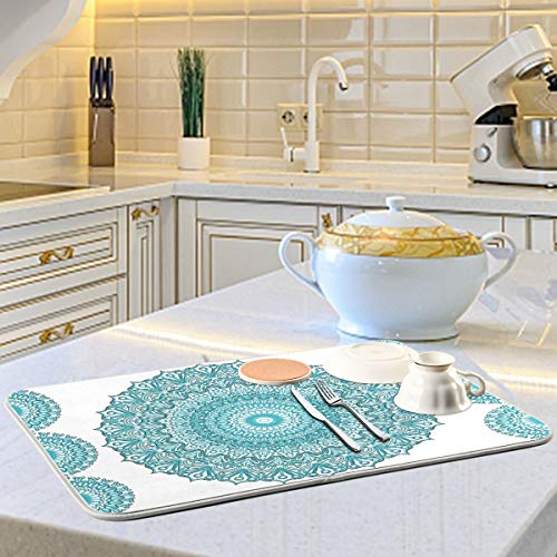 Super Absorbent Microfiber Dish Drying Mat 24x18 Inches - Turquoise Mandala Variation