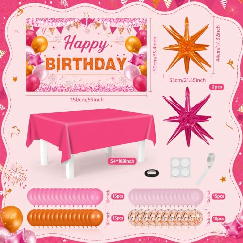Pink Orange Birthday Decorations Kit with Banner Balloons & Backdrop - Party Supplies