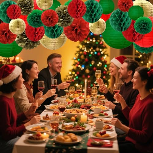 Christmas Decor Set with Paper Lanterns, Pompoms & Honeycombs – 36 Pieces
