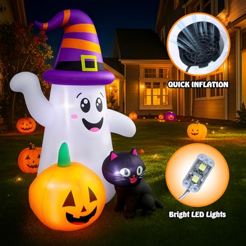 5 Ft Halloween Inflatable Ghost with Pumpkin and Black Cat – Indoor/Outdoor Decor with LED Light