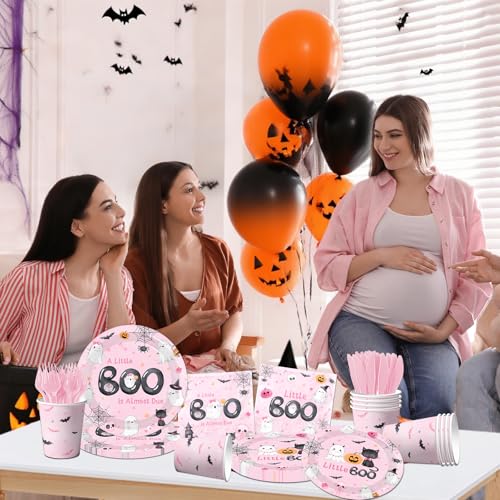 Pink Halloween Baby Shower Dinnerware Set - Plates Napkins Cups for Girl Party, 144pcs