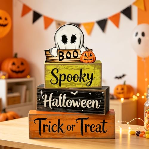 Halloween Tiered Tray Decor Wooden Sign Set Boo Pumpkin Ghost Rustic Fall Home