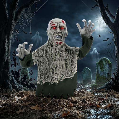 Outdoor Ground Zombie Halloween Decor with Flashing LED Eyes - Animated Yard Prop