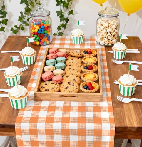 Orange Gingham Table Runner - 6 Pack Disposable Plastic Checkered Table Decor