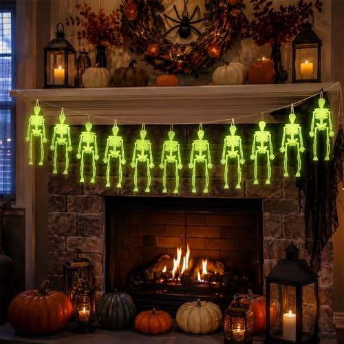 Glow in The Dark Mini Skeleton Decorations Set - 12 Pack, 6 Inch Halloween Hanging Figures with Twine