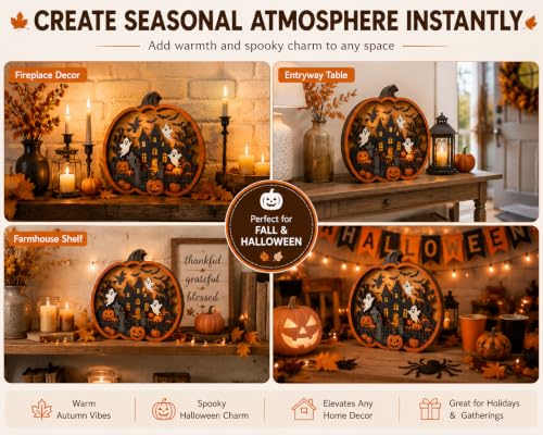 Halloween Pumpkin Sign - Rustic 3D Wooden Fall Decor for Tabletop & Shelf