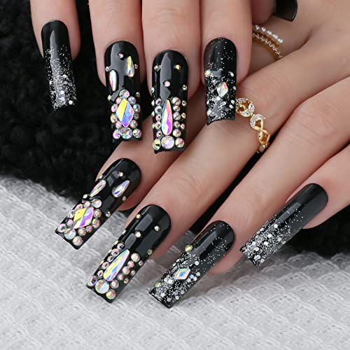 Press On Nails Long Square Black with Rhinestones Glitter - Meteor Shower Variation