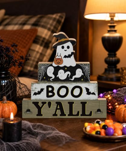 Halloween Wooden Ghost Tiered Tray Decor - Black, Cream & Brown - Putuo Decor