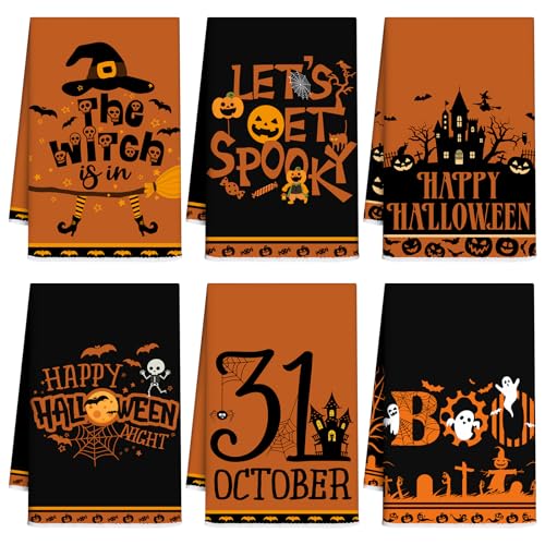 Halloween Hand Towels Set - Eye Catching Witch Ghost Pumpkin Design, 6 Pack