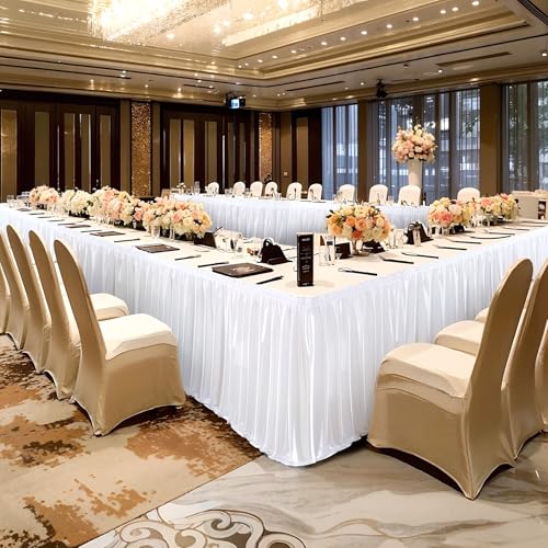 14ft White Satin Table Skirt for Rectangular Tables - Wrinkle-Free Party Decor with Glitter Ruffle - Variation: White / 168x30 Inches
