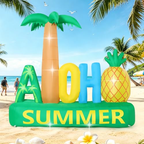 Inflatable Palm Tree and Pineapple Decor with LED Lights for Outdoor Yard and Pool Parties