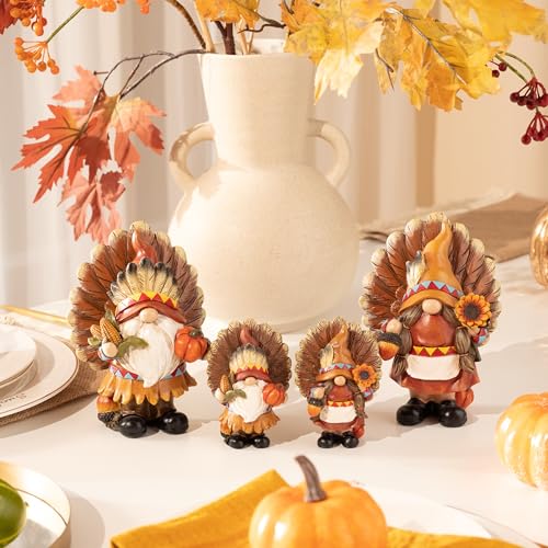 Medium Fall Gnome Decorations for Home Thanksgiving Decor Set - Indian & Turkey Figurines