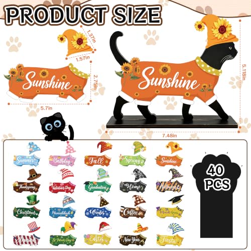 Black Cat Interchangeable Seasonal Desk Decor Sign with Magnet Pieces - Pet Lover Gift