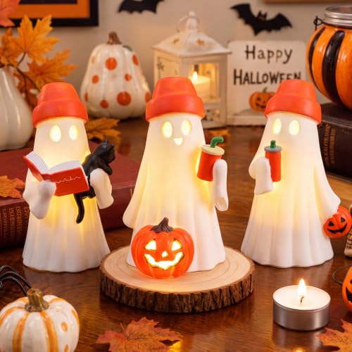 Eaasty 3 Pack Halloween Light Up Ghost Figurines with Orange Hats - Indoor Decor