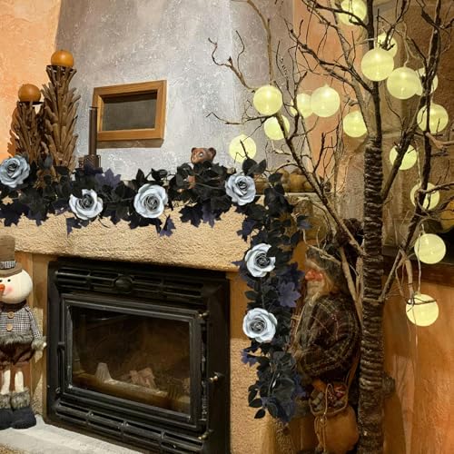 Black Rose & Maple Leaf Garland Set - Blue Gray Vines, 2 Pcs