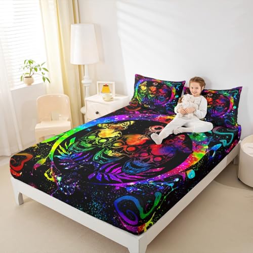 Queen Sugar Skull Bed Sheets Rainbow Tie Dye Fitted Sheet - Snake & Moth Design, 25 Color Variations