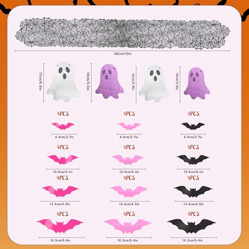 Pastel Halloween Decor Set with Ghost Banners, Bat Stickers & Spider Web Table Runner