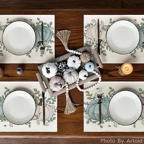 Autumn Fall Placemats Set of 6 12x18 Inches Rectangular Eucalyptus & Pumpkin Decor