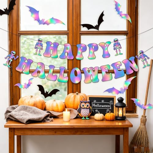 Halloween Party Banner and 3D Bat Decorations - Iridescent & Holographic Set