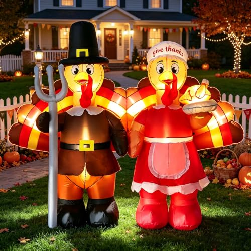 Thanksgiving Inflatable Turkey Couple Decorations with LED Lights - Festive Yard Decor - Variation of Turkey Couples