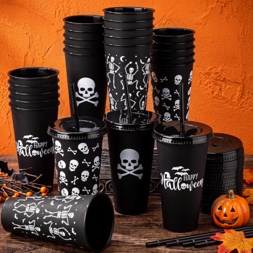 Halloween Skull Plastic Cups Set with Lids & Straws - 24 oz Party Drinkware