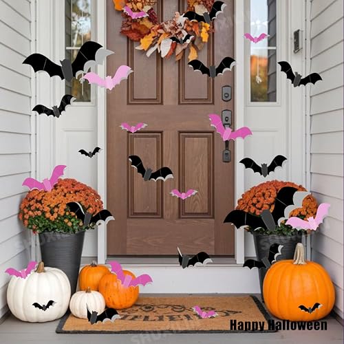 Halloween 3D Bat Wall Decals Set - Removable Pink & Black Bat Stickers for Indoor & Outdoor Decor - Variation: Bat