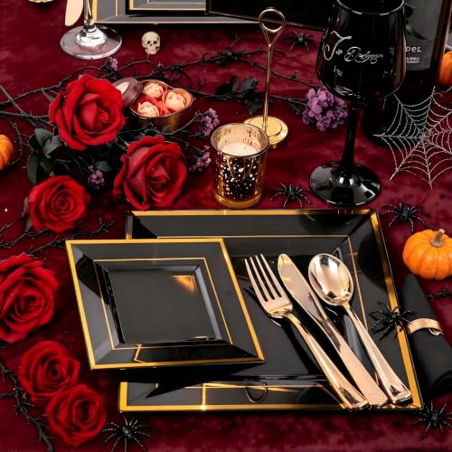 Square Black and Gold Plastic Plates Set - 50 Dinner & 50 Dessert Disposable Plates for Parties