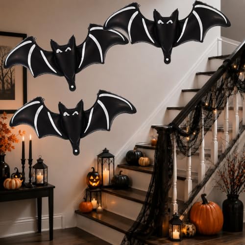 Halloween Bat Balloons Pack - Black Foil Bat Party Decorations, Set of 7