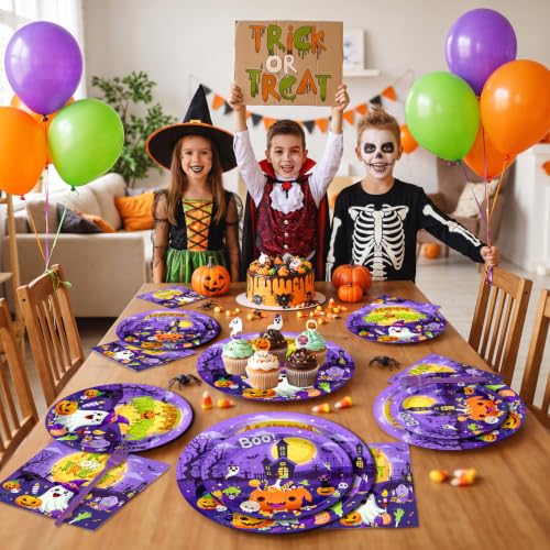 Halloween Party Plates and Napkins Set - Disposable Pumpkin Ghost Theme - 96pcs