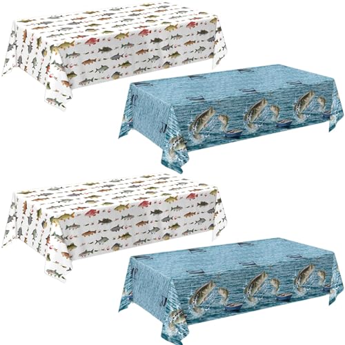 Fish Tablecloths 4 Pack - Fishing Birthday Party Decorations, 54x108 Inches - Fish Variation