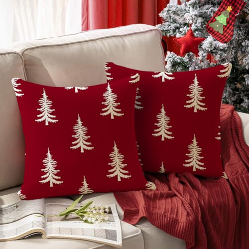 Christmas Pillow Covers 16x16 Inch Set of 2 Waterproof Tree Holiday Decor - Red Variation