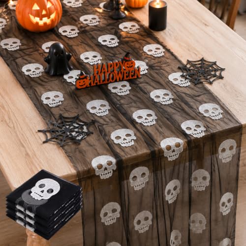 Halloween Skeleton Table Runner 10 ft Mesh Tulle with Embroidered Skull Design - 3 Pack - Black & White