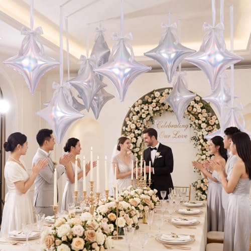 Iridescent Star Balloons Set - 30 Large 26 Inch Foil Balloons with Ribbons & Bows