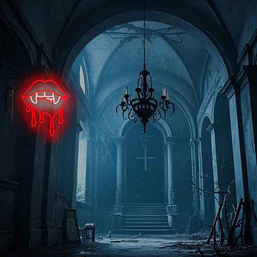 Vampire Fangs Neon Sign - Red Lips LED Light for Halloween & Gothic Decor - Chip-Red Variation