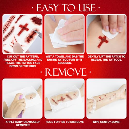 Halloween Fake Blood & Face Tattoo Kit with Gems for Zombie Vampire Makeup