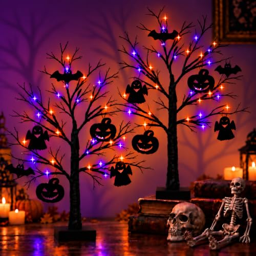 Black Halloween Tree Set with LED Lights, Ornaments & Timer - 24 Inch