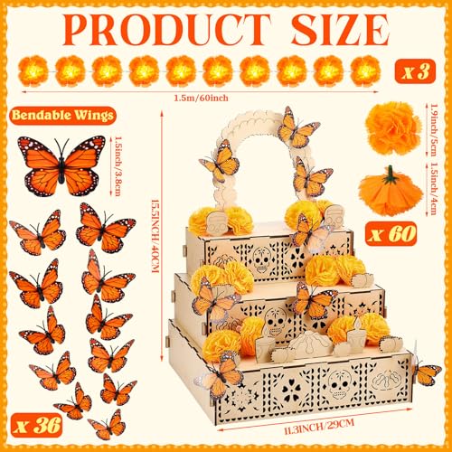 Dia de Los Muertos Ofrenda Wooden Box Set - 102 Pcs with Marigold Garland & Butterflies - Fresh Variation