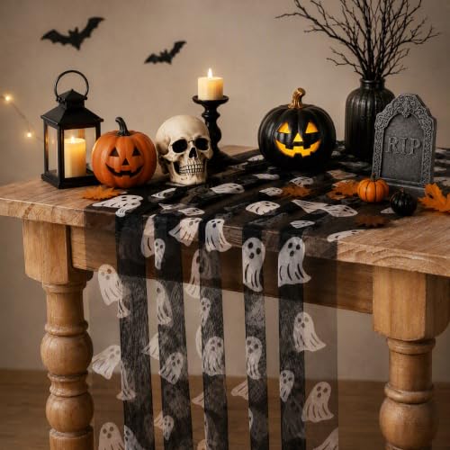 Ghost Halloween Table Runner 29x120 Inch Set of 2 - Black Ghost Tulle Decor
